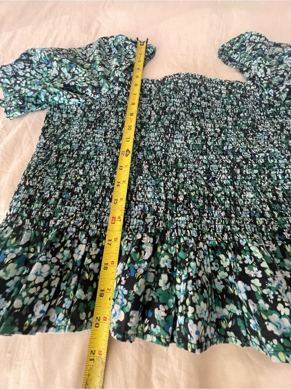J. Crew Teal‎ and Black Smocked Square-Neck Puff Sleeve Blouse